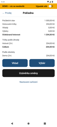 Pokladna: stav hotovosti, vklad, výběr a uzávěrka směny